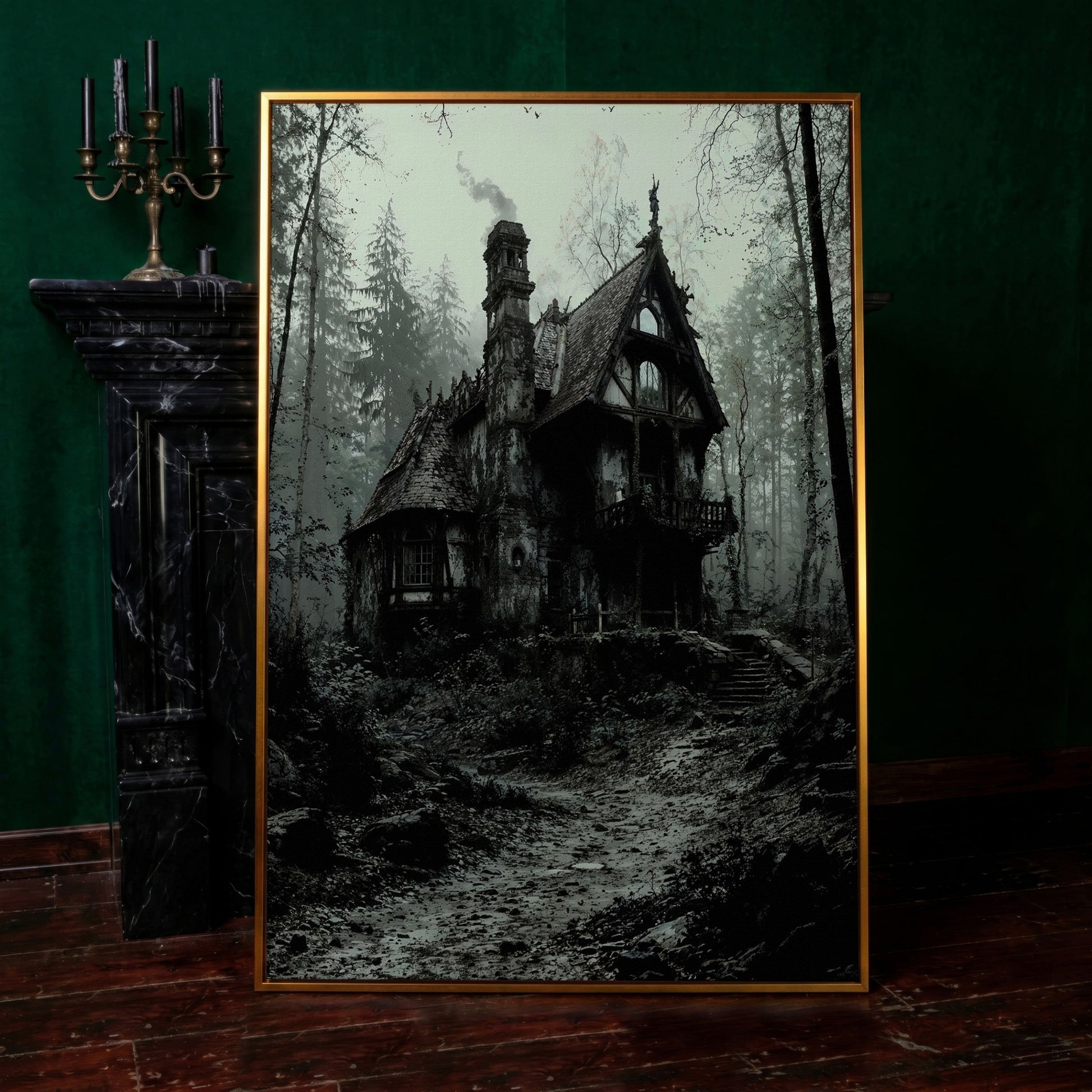 Gothic Cottage in a Misty Forest Canvas Wall Art in antique gold floating frame
