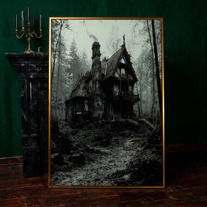 Gothic Cottage in a Misty Forest Canvas Wall Art in antique gold floating frame