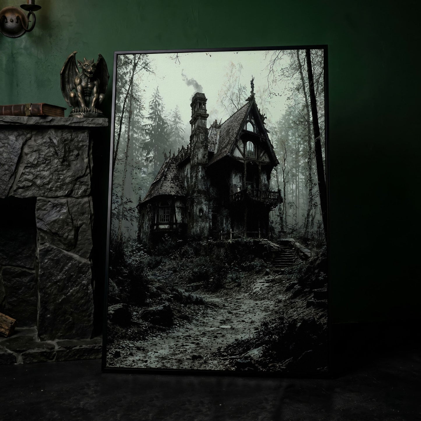 Gothic Cottage in a Misty Forest Canvas Wall Art in black floating frame