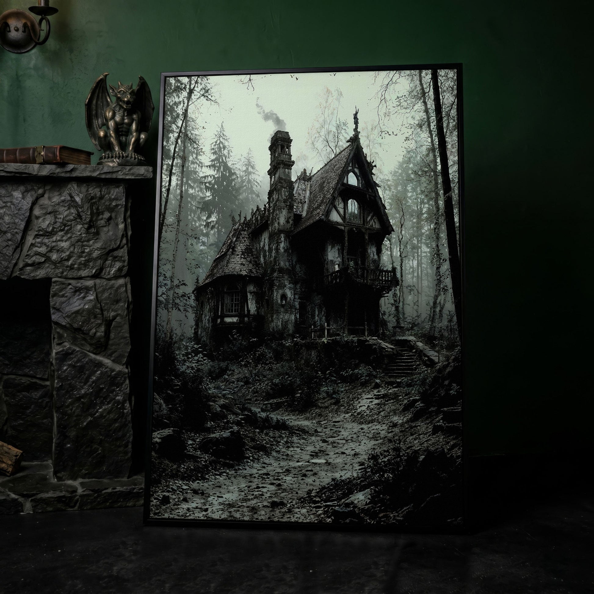 Gothic Cottage in a Misty Forest Canvas Wall Art in black floating frame