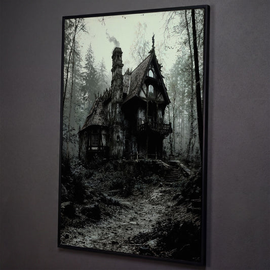 Gothic Cottage in a Misty Forest Canvas Wall Art shown in black floating frame