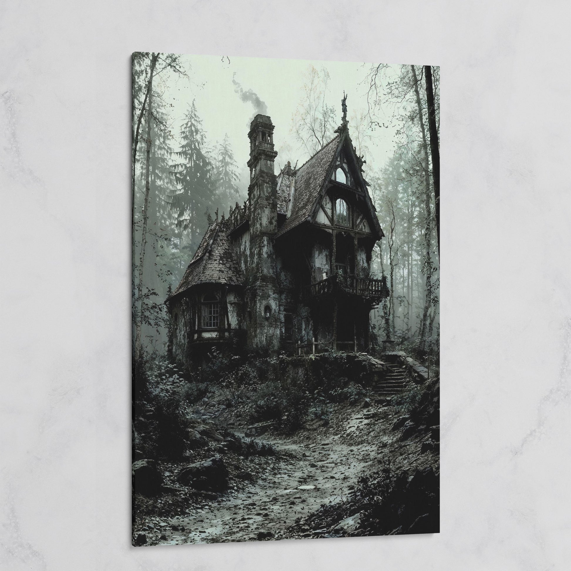 Gothic Cottage in a Misty Forest Canvas Wall Art on gallery wrap