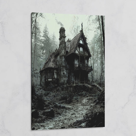 Gothic Cottage in a Misty Forest Canvas Wall Art on gallery wrap