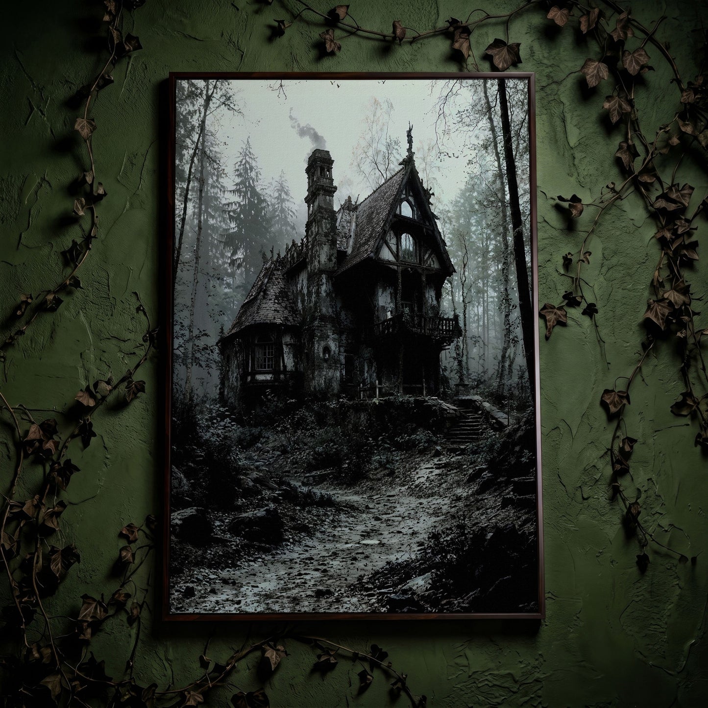 Gothic Cottage in a Misty Forest Canvas Wall Art in dark walnut floating frame
