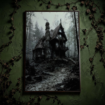 Gothic Cottage in a Misty Forest Canvas Wall Art in dark walnut floating frame