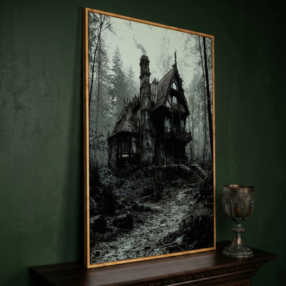 Gothic Cottage in a Misty Forest Canvas Wall Art in white oak floating frame