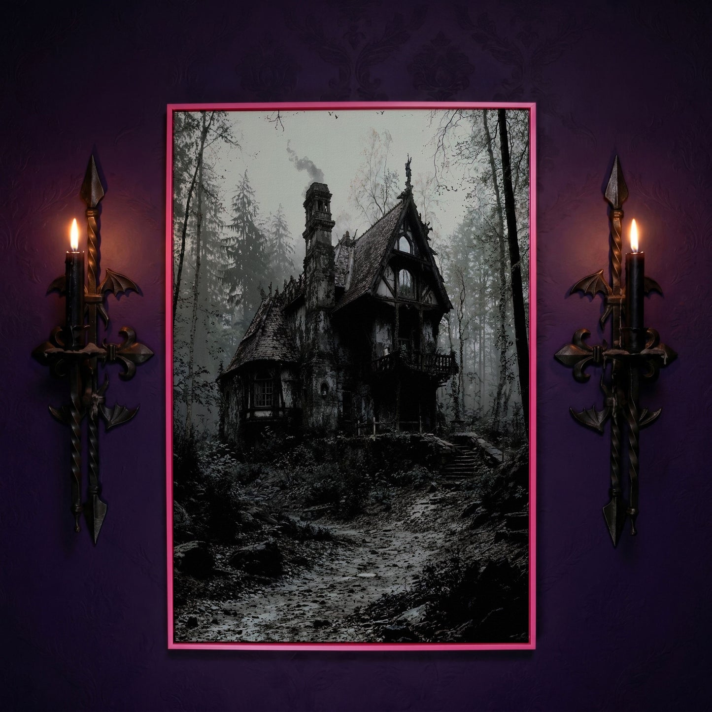 Gothic Cottage in a Misty Forest Canvas Wall Art in pink floating frame
