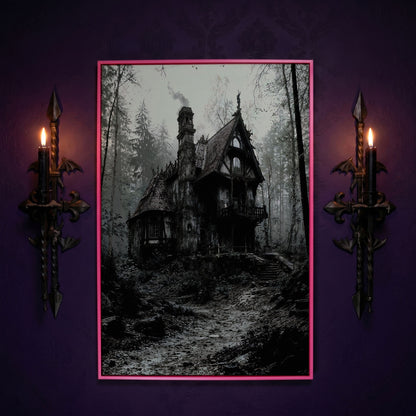 Gothic Cottage in a Misty Forest Canvas Wall Art in pink floating frame