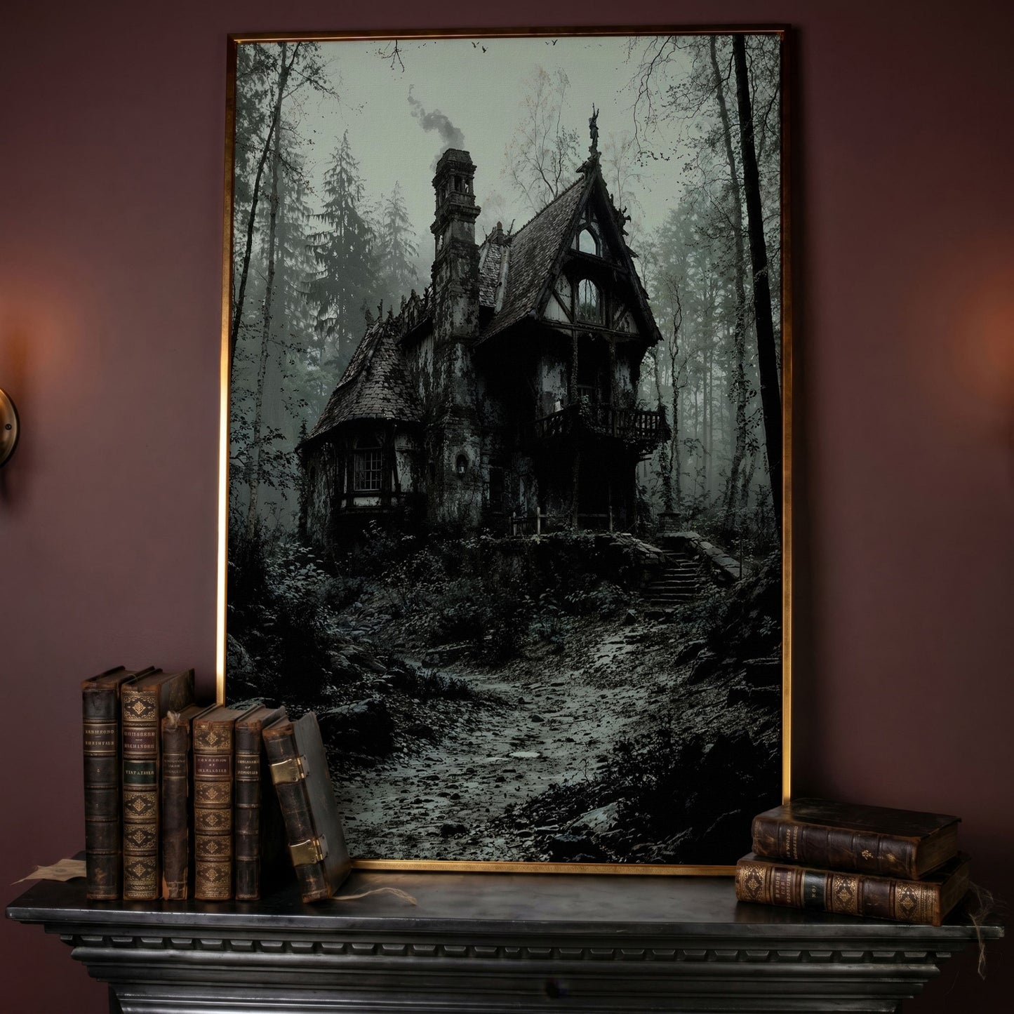 Gothic Cottage in a Misty Forest Canvas Wall Art in rose gold floating frame