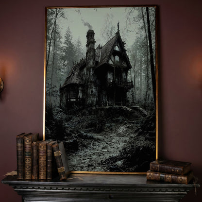 Gothic Cottage in a Misty Forest Canvas Wall Art in rose gold floating frame