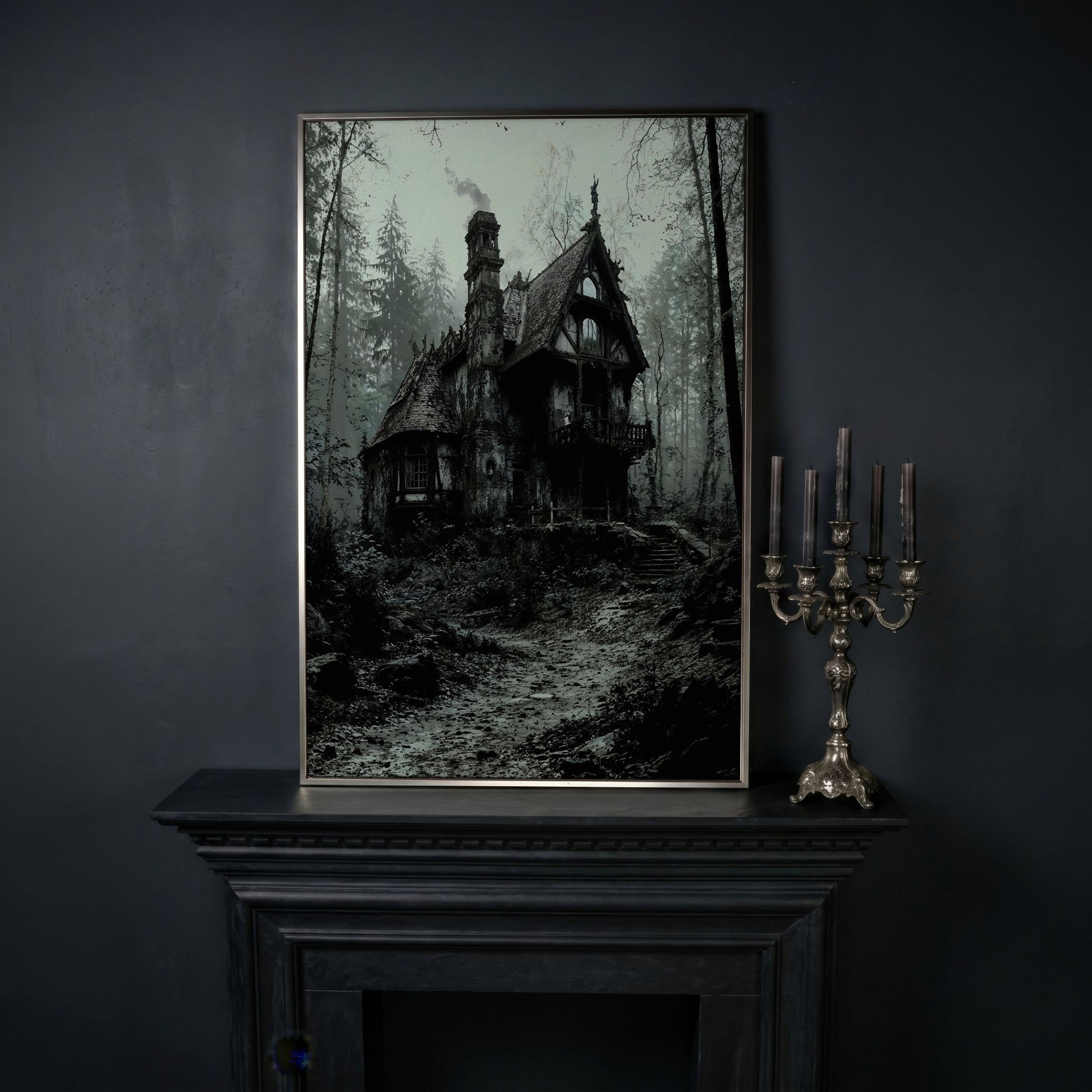 Gothic Cottage in a Misty Forest Canvas Wall Art in silver floating frame