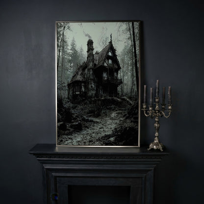 Gothic Cottage in a Misty Forest Canvas Wall Art in silver floating frame