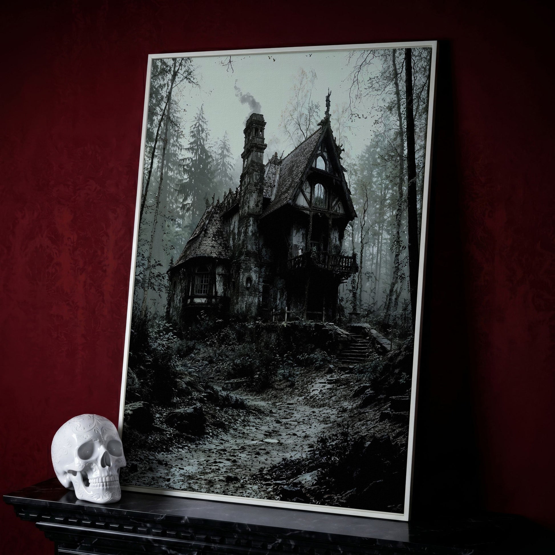 Gothic Cottage in a Misty Forest Canvas Wall Art in white floating frame