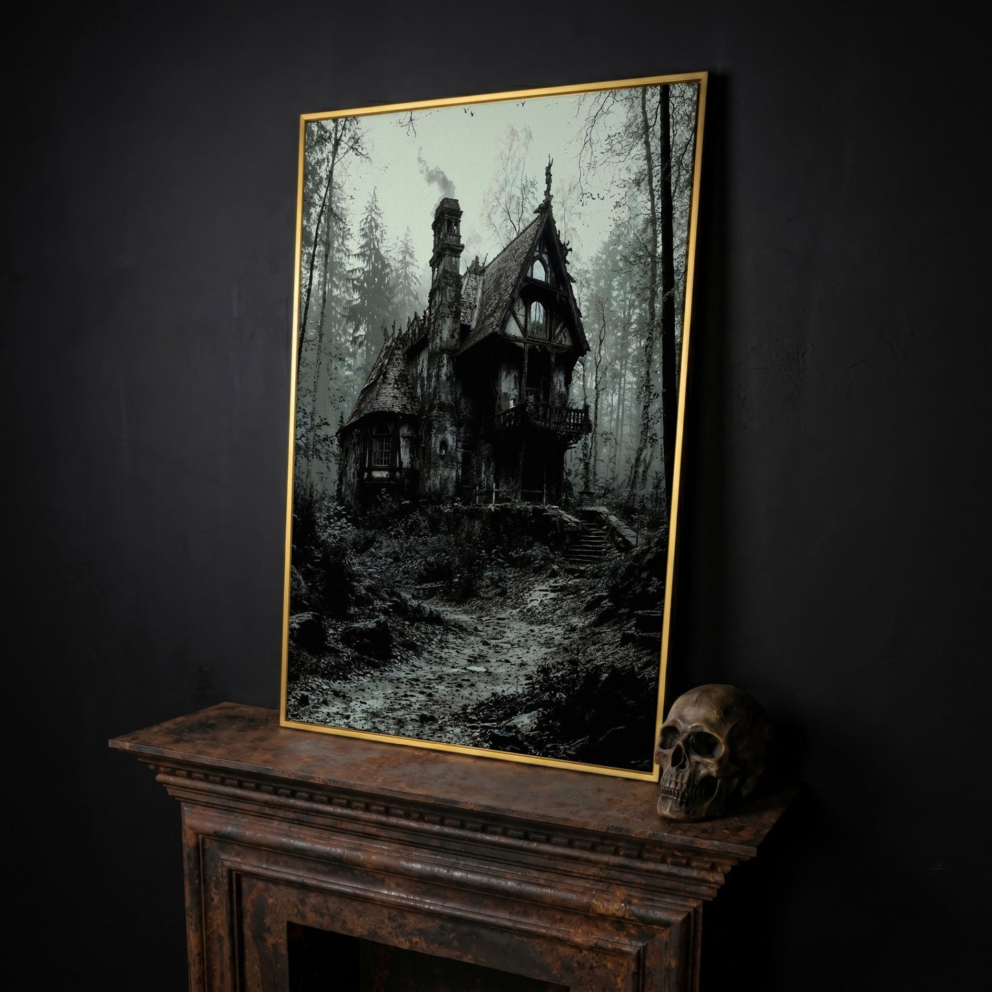 Gothic Cottage in a Misty Forest Canvas Wall Art in yellow gold floating frame