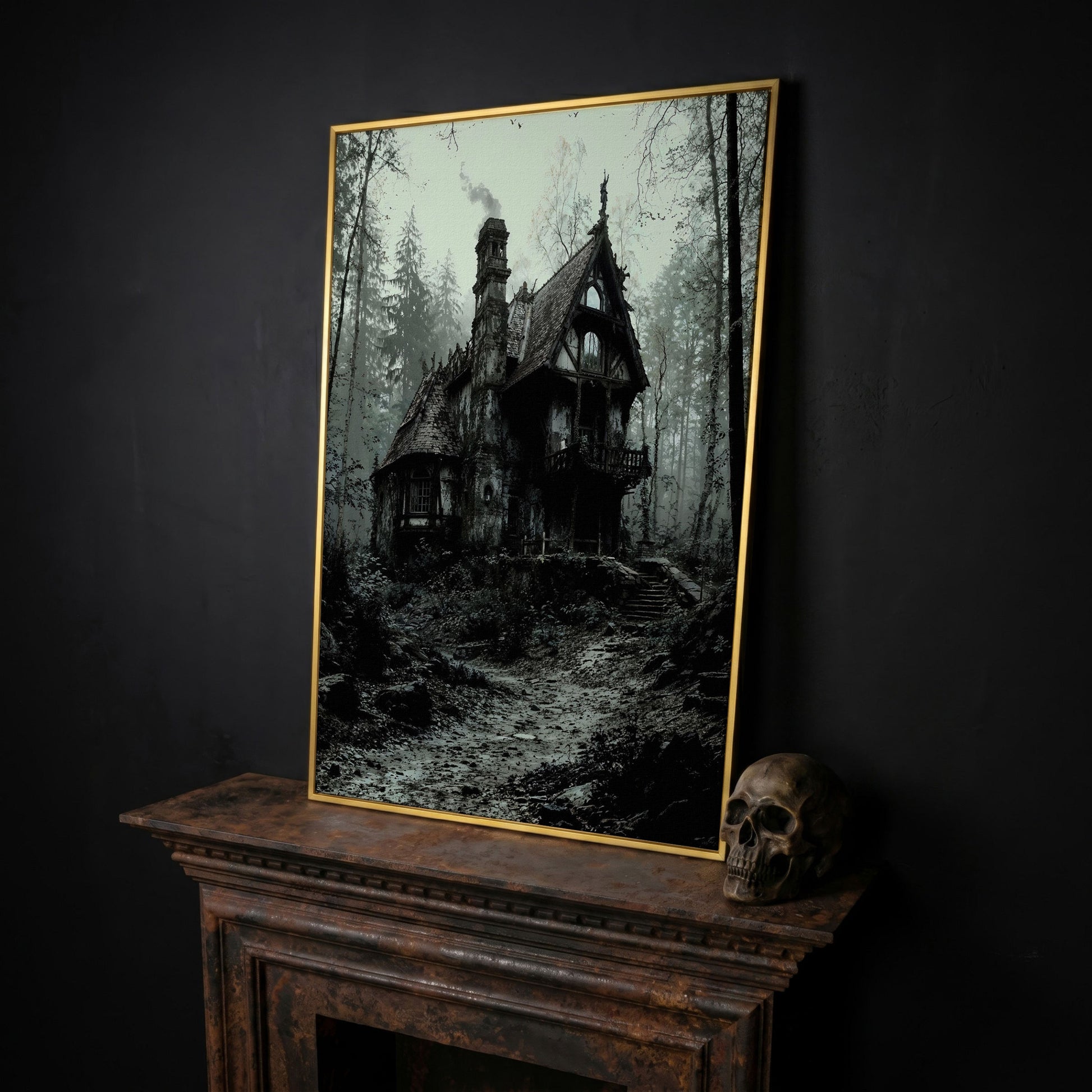 Gothic Cottage in a Misty Forest Canvas Wall Art in yellow gold floating frame