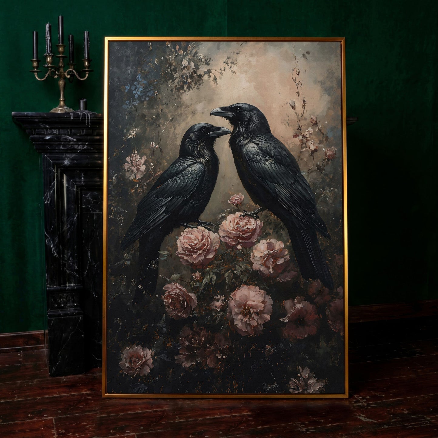 Ravens and Roses Gothic Botanical Canvas Wall Art in antique gold floating frame