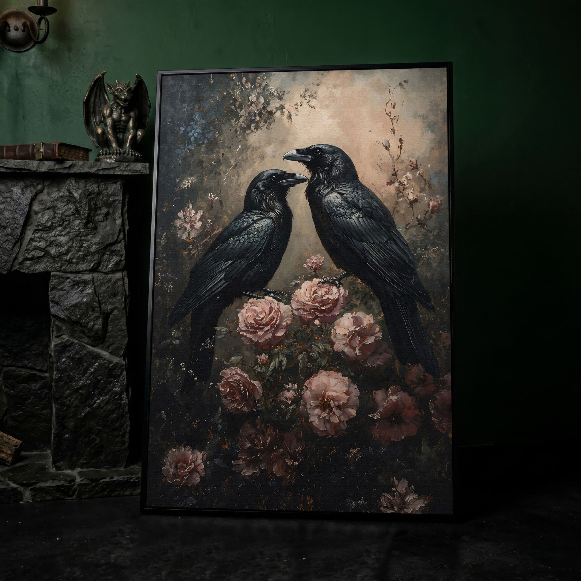 Ravens and Roses Gothic Botanical Canvas Wall Art in black floating frame