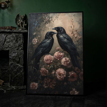 Ravens and Roses Gothic Botanical Canvas Wall Art in black floating frame