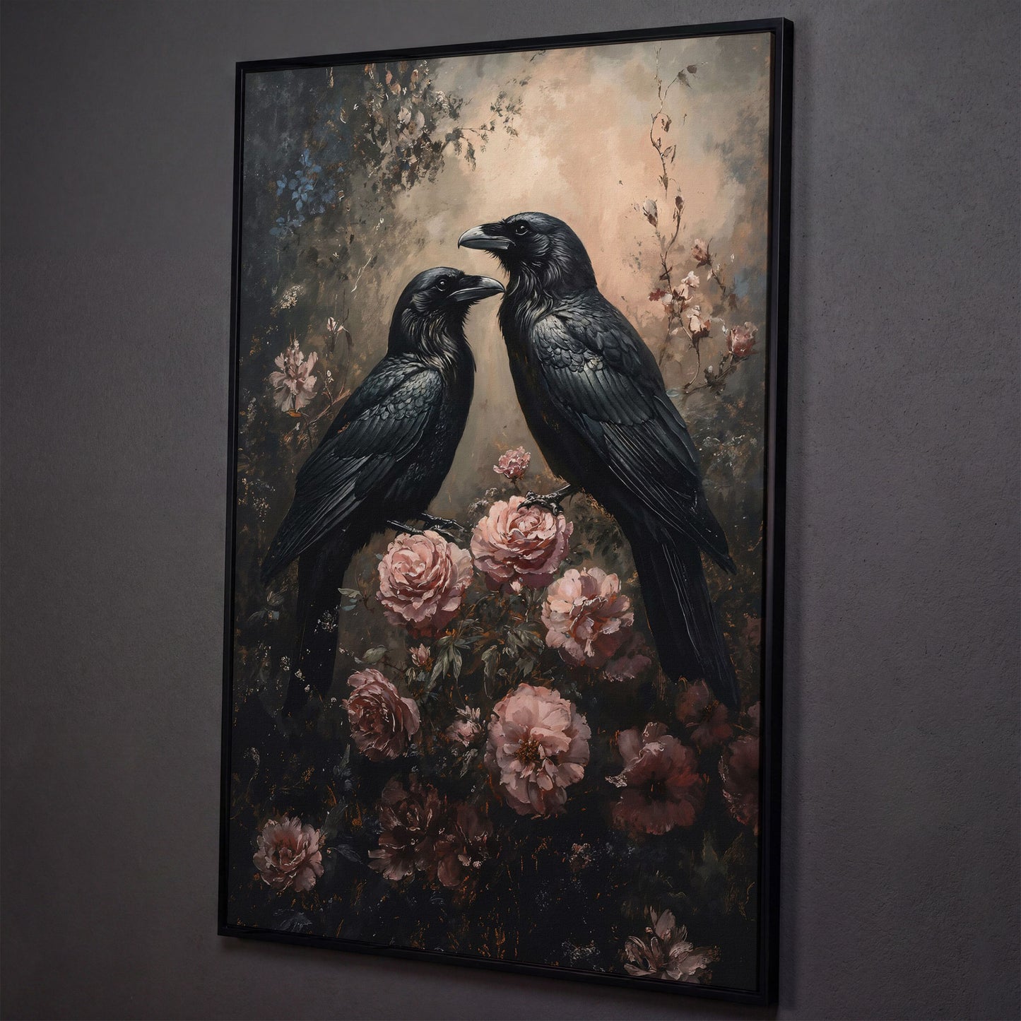 Ravens and Roses Gothic Botanical Canvas Wall Art shown in black floating frame