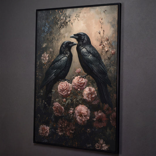 Ravens and Roses Gothic Botanical Canvas Wall Art shown in black floating frame