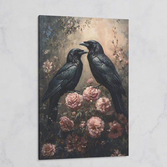 Ravens and Roses Gothic Botanical Canvas Wall Art on gallery wrap
