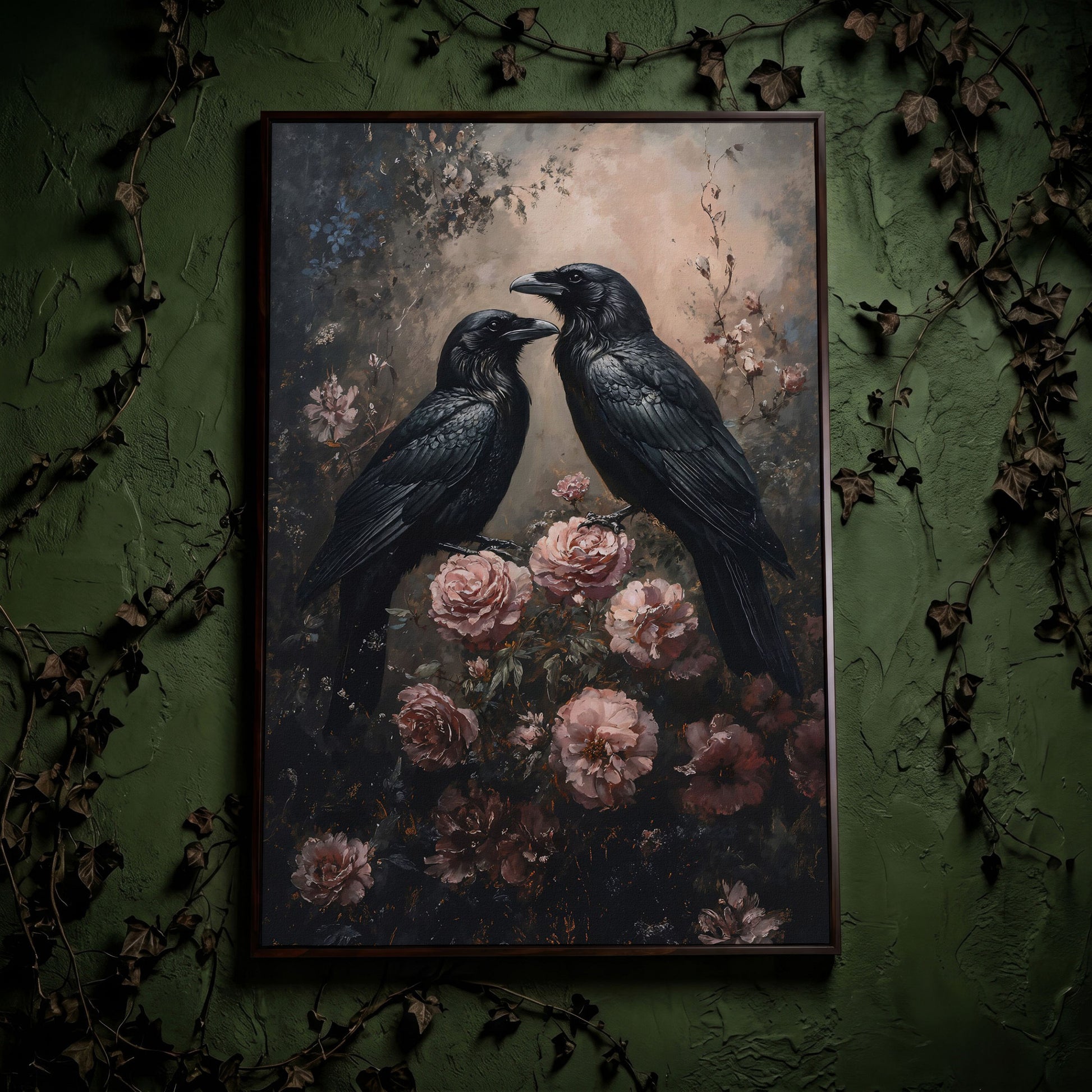 Ravens and Roses Gothic Botanical Canvas Wall Art in dark walnut floating frame