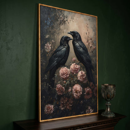 Ravens and Roses Gothic Botanical Canvas Wall Art in white oak floating frame