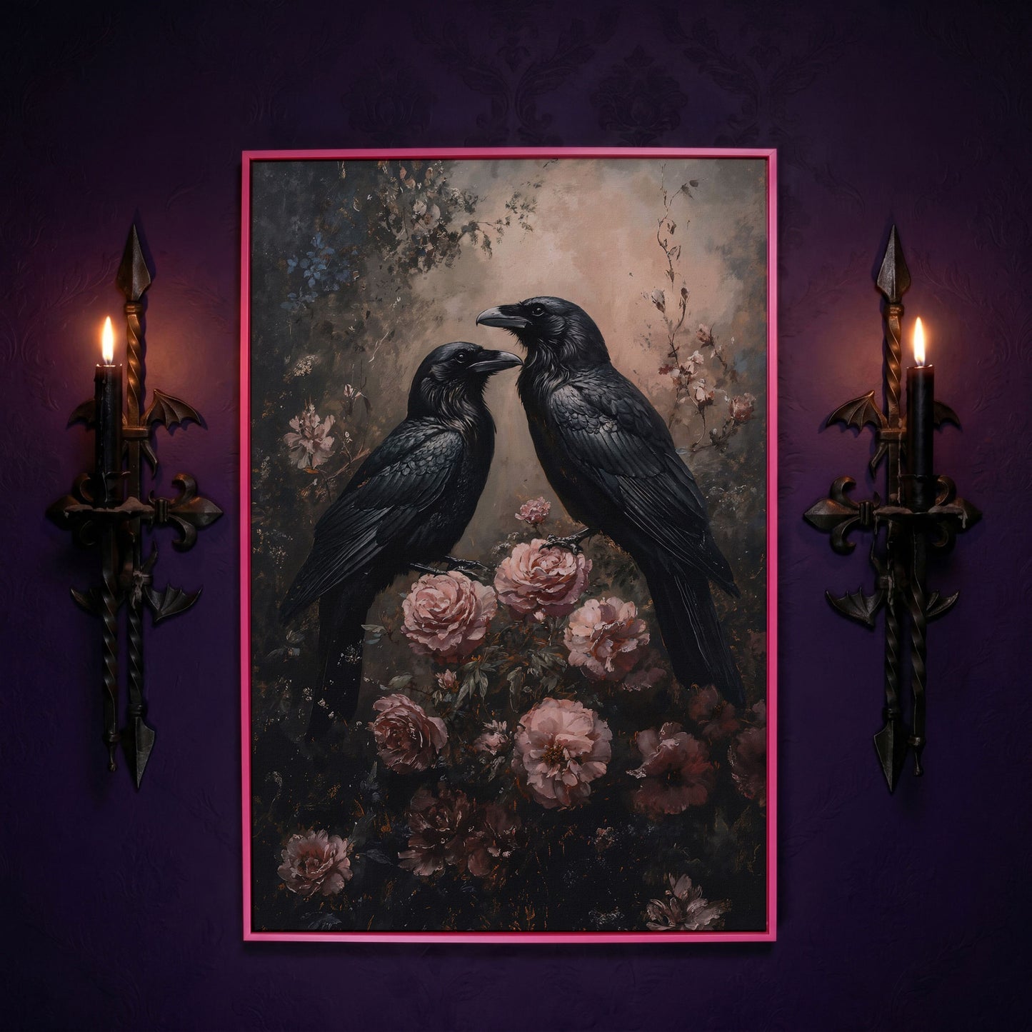 Ravens and Roses Gothic Botanical Canvas Wall Art in pink floating frame