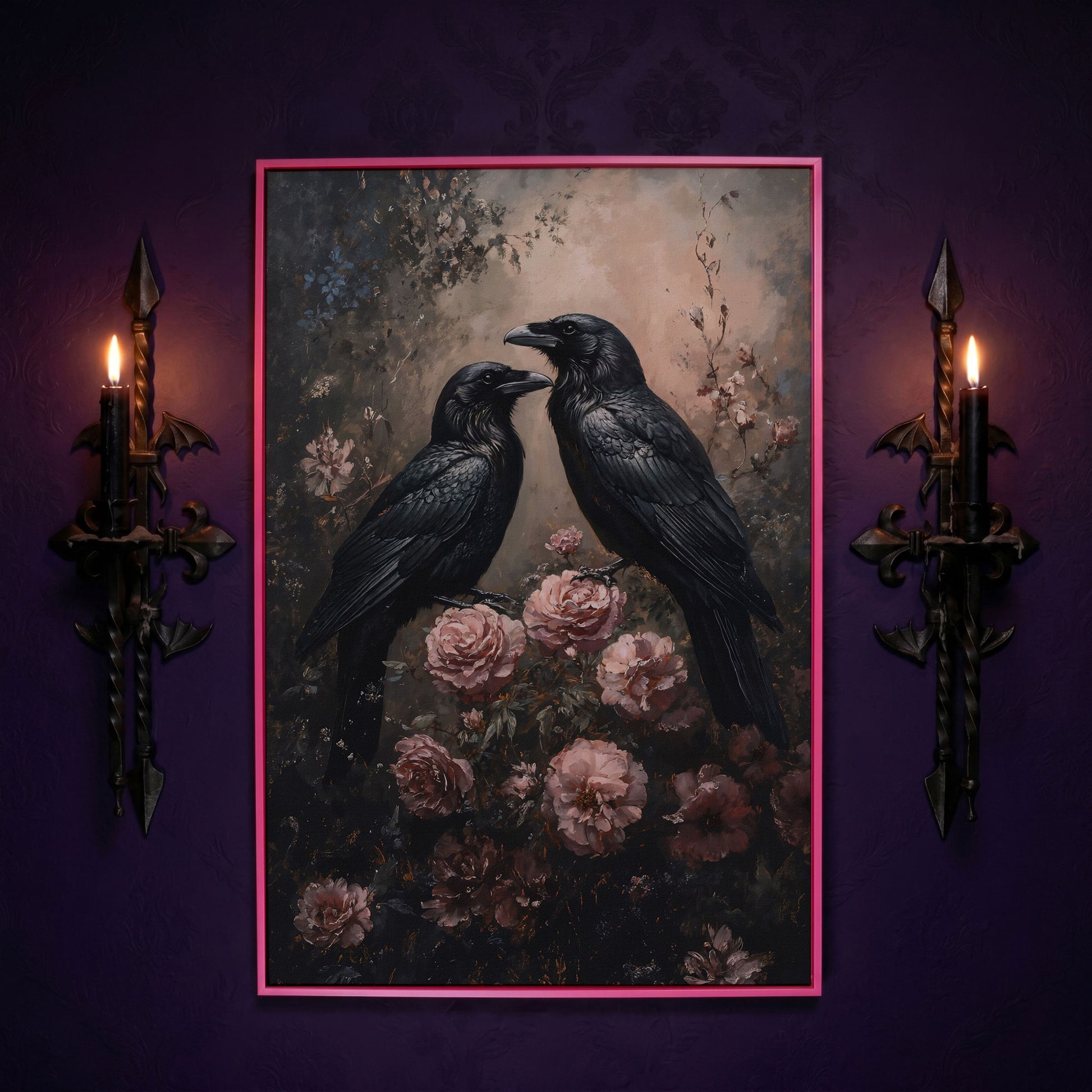 Ravens and Roses Gothic Botanical Canvas Wall Art in pink floating frame