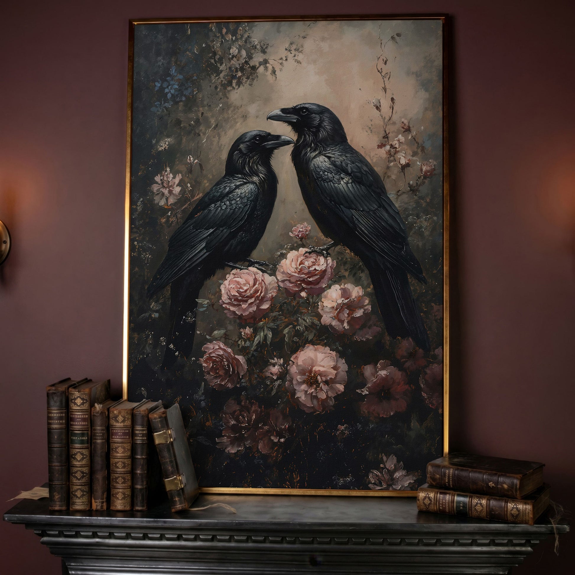 Ravens and Roses Gothic Botanical Canvas Wall Art in rose gold floating frame