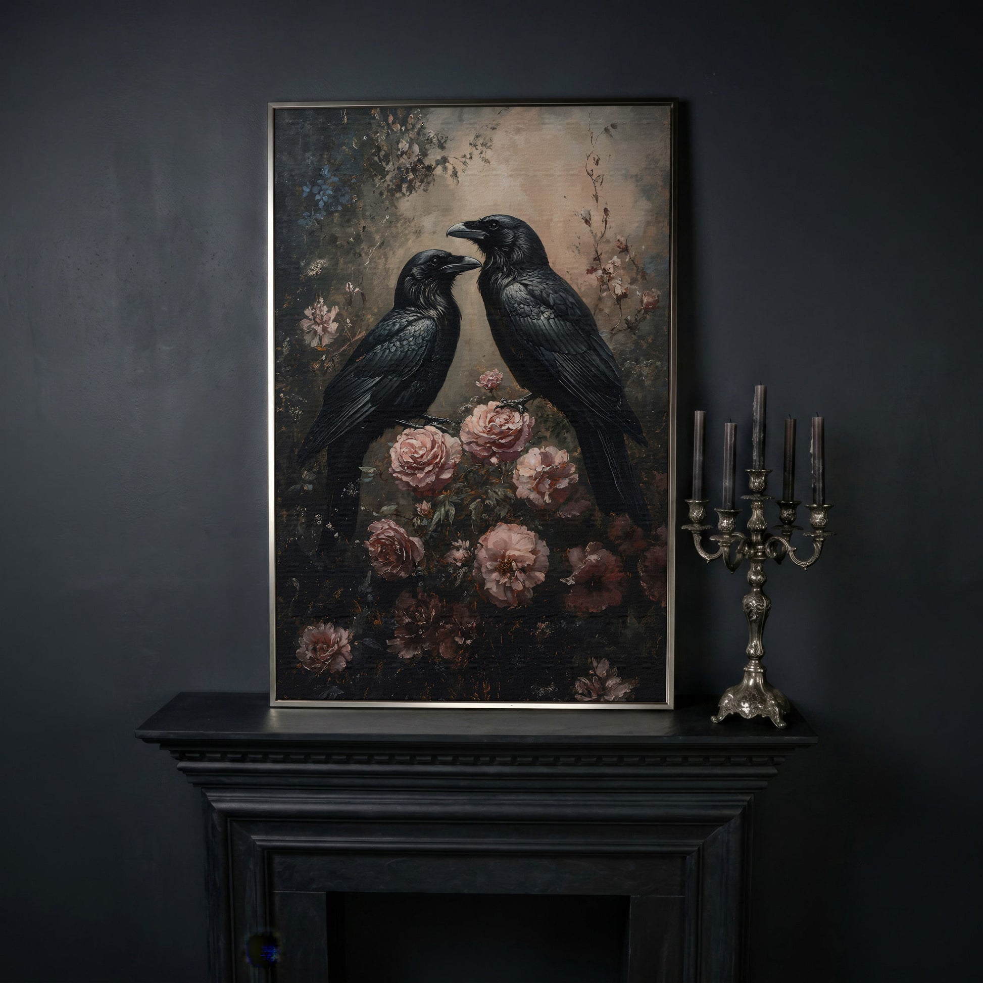 Ravens and Roses Gothic Botanical Canvas Wall Art in silver floating frame