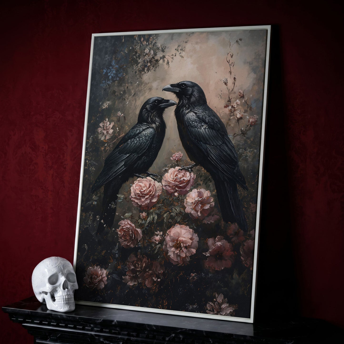 Ravens and Roses Gothic Botanical Canvas Wall Art in white floating frame