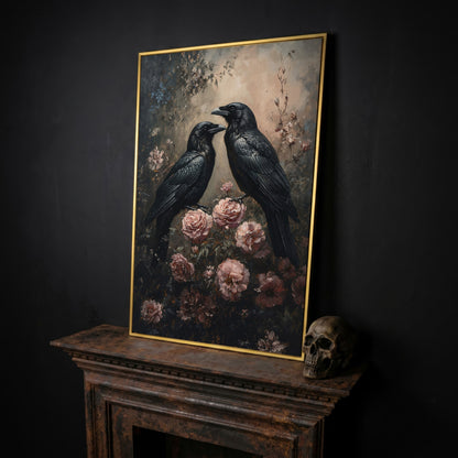 Ravens and Roses Gothic Botanical Canvas Wall Art in yellow gold floating frame