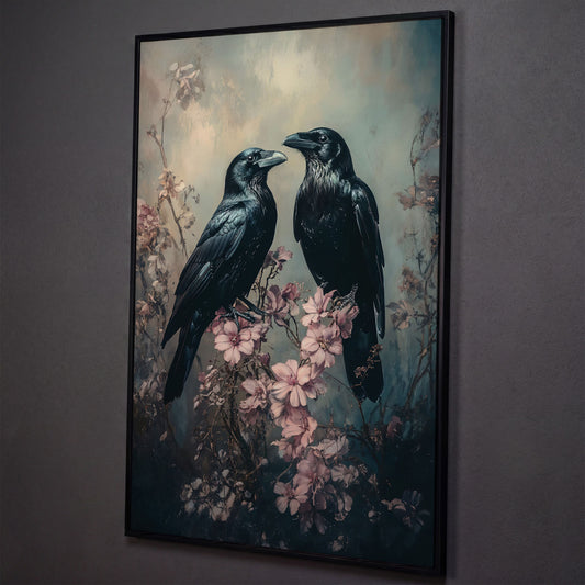 Two Ravens Among Pink Blossoms. Dark Cottagecore Canvas Art shown in black floating frame