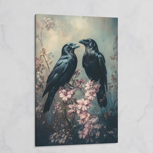 Two Ravens Among Pink Blossoms. Dark Cottagecore Canvas Art on gallery wrap