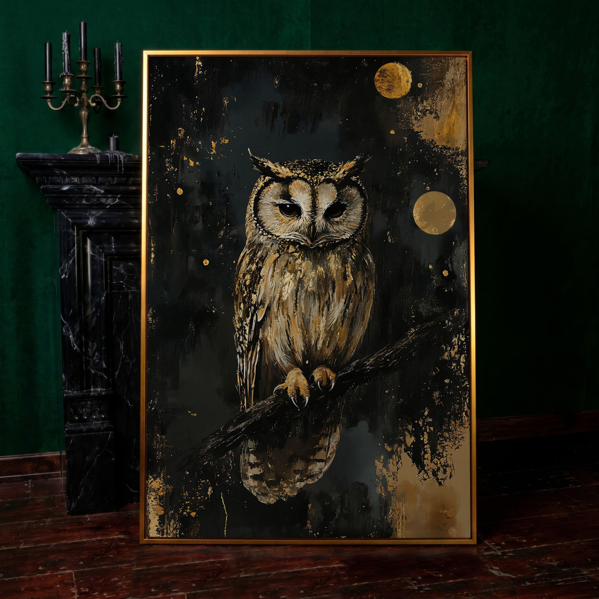 Owl on Branch Canvas Print, Dark Moon Night Art in antique gold floating frame