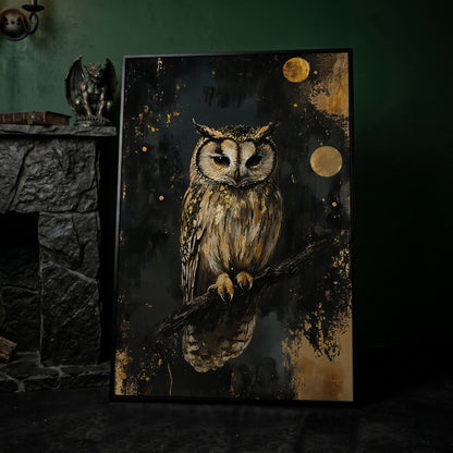 Owl on Branch Canvas Print, Dark Moon Night Art in black floating frame