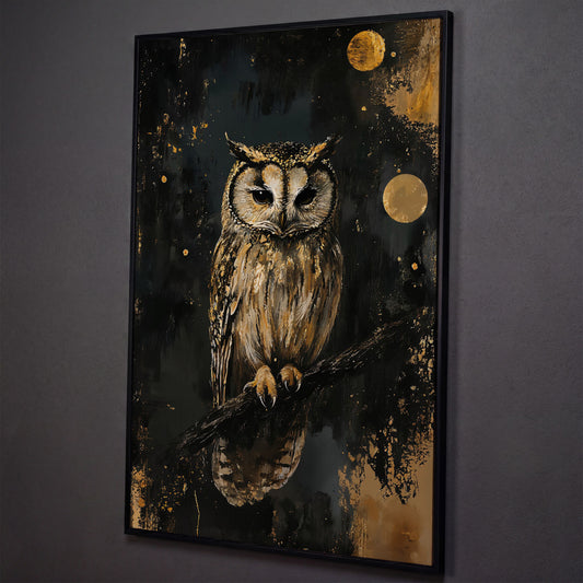 Owl on Branch Canvas Print, Dark Moon Night Art shown in black floating frame