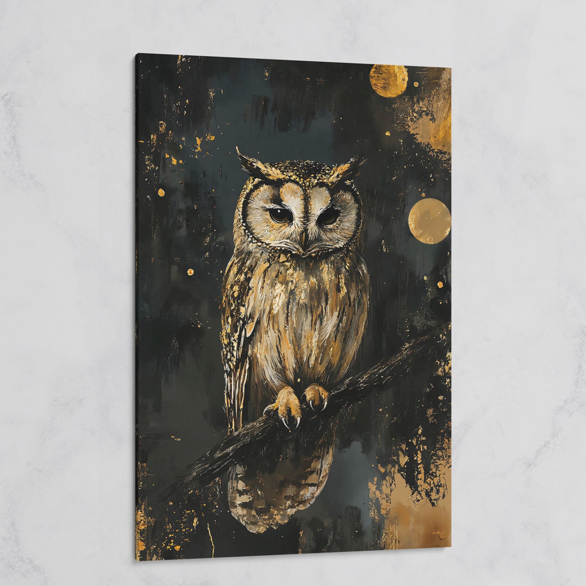 Owl on Branch Canvas Print, Dark Moon Night Art on gallery wrap