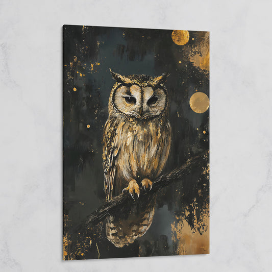 Owl on Branch Canvas Print, Dark Moon Night Art on gallery wrap