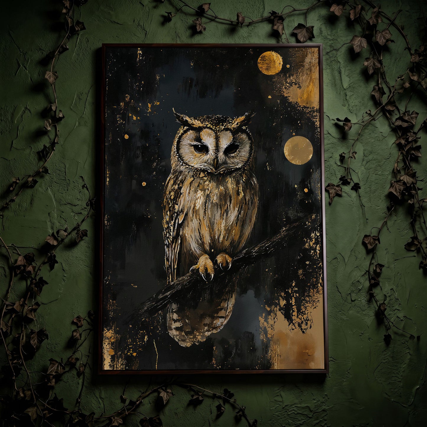 Owl on Branch Canvas Print, Dark Moon Night Art in dark walnut floating frame
