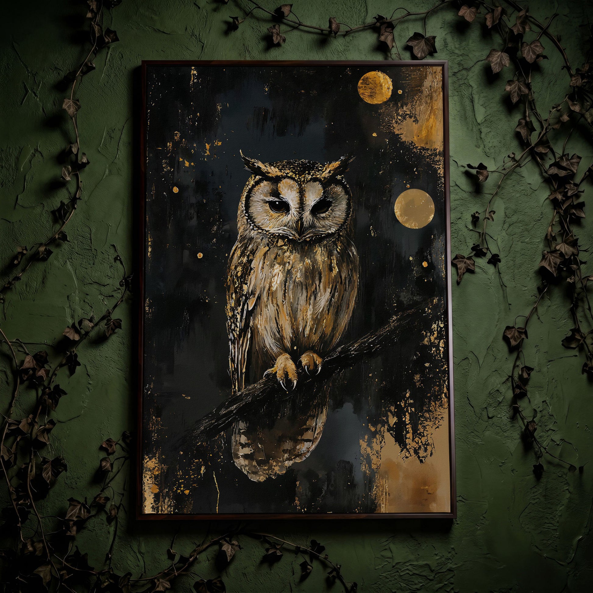 Owl on Branch Canvas Print, Dark Moon Night Art in dark walnut floating frame