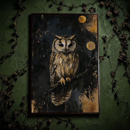 Owl on Branch Canvas Print, Dark Moon Night Art in dark walnut floating frame