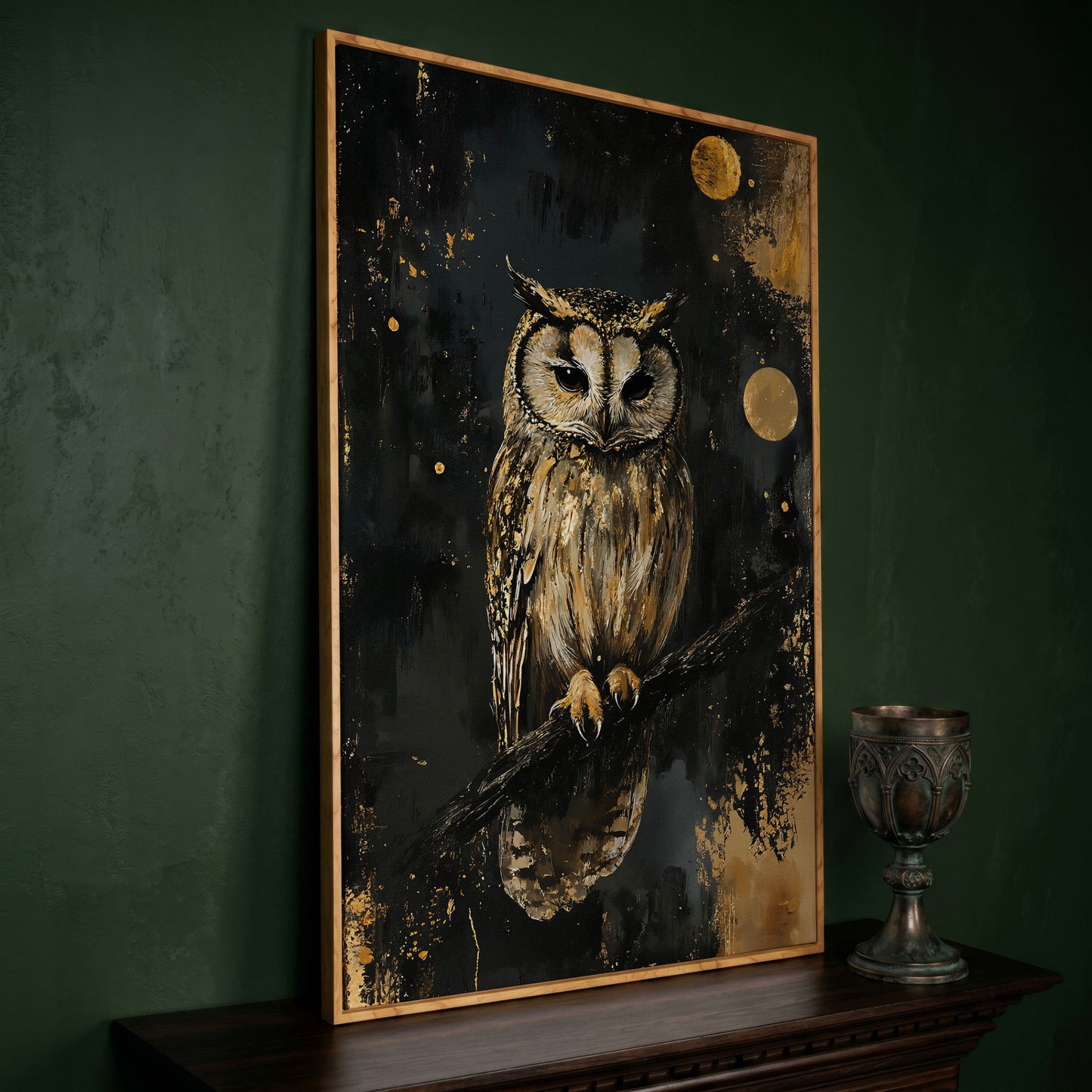 Owl on Branch Canvas Print, Dark Moon Night Art in white oak floating frame