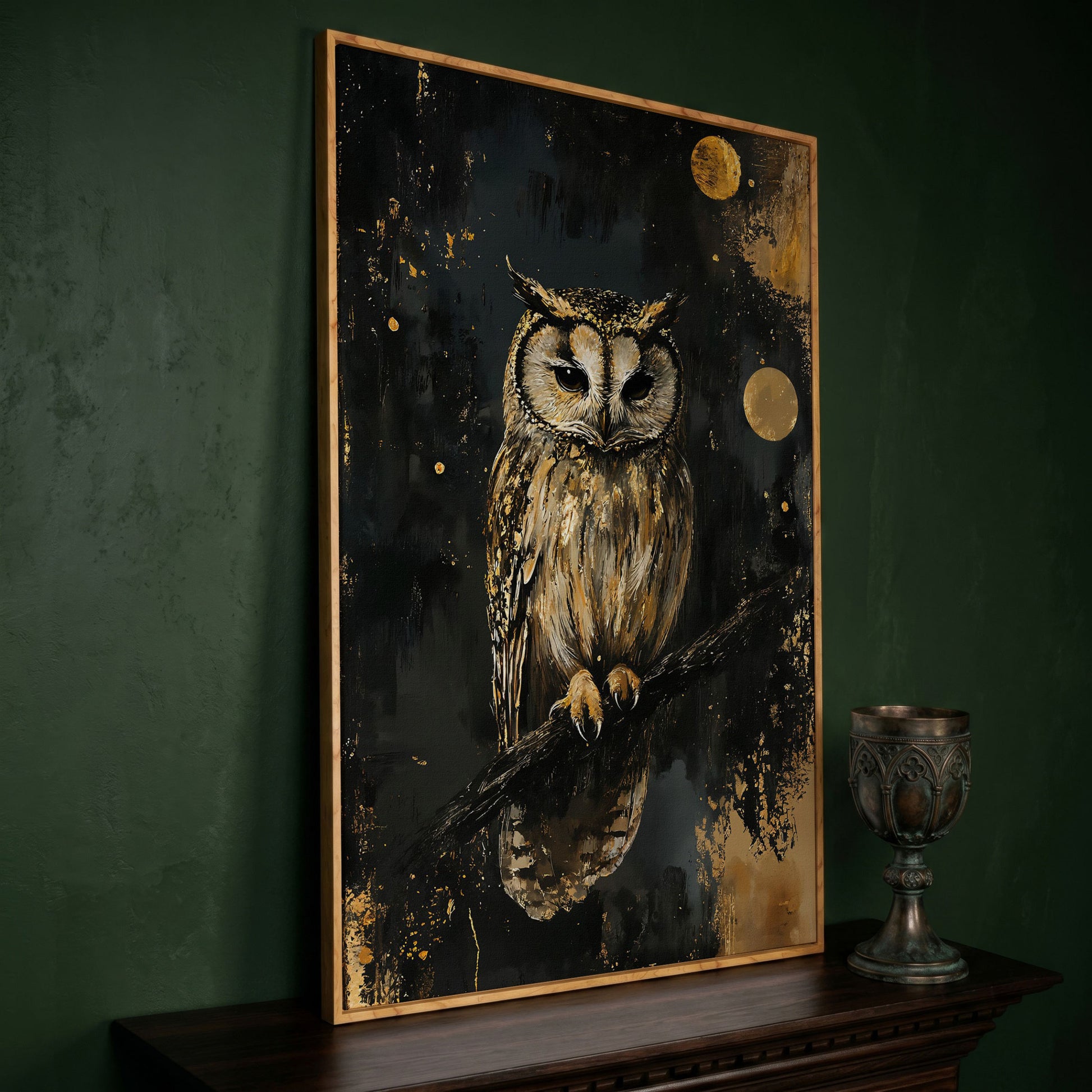 Owl on Branch Canvas Print, Dark Moon Night Art in white oak floating frame