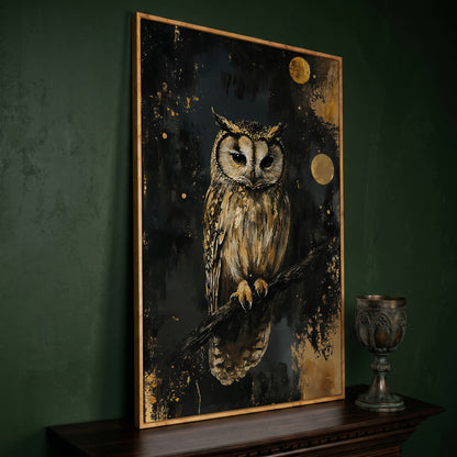 Owl on Branch Canvas Print, Dark Moon Night Art in white oak floating frame