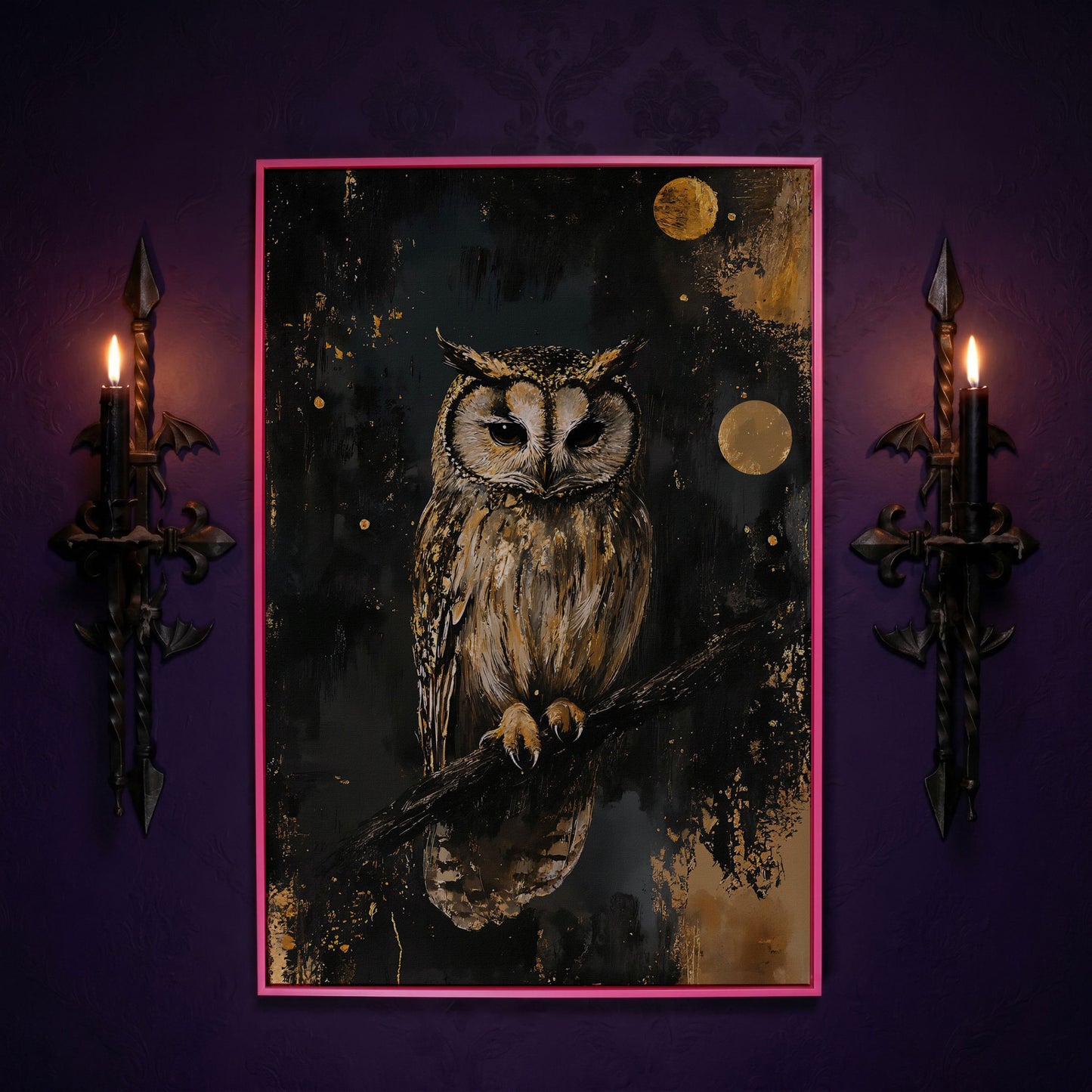 Owl on Branch Canvas Print, Dark Moon Night Art in pink floating frame