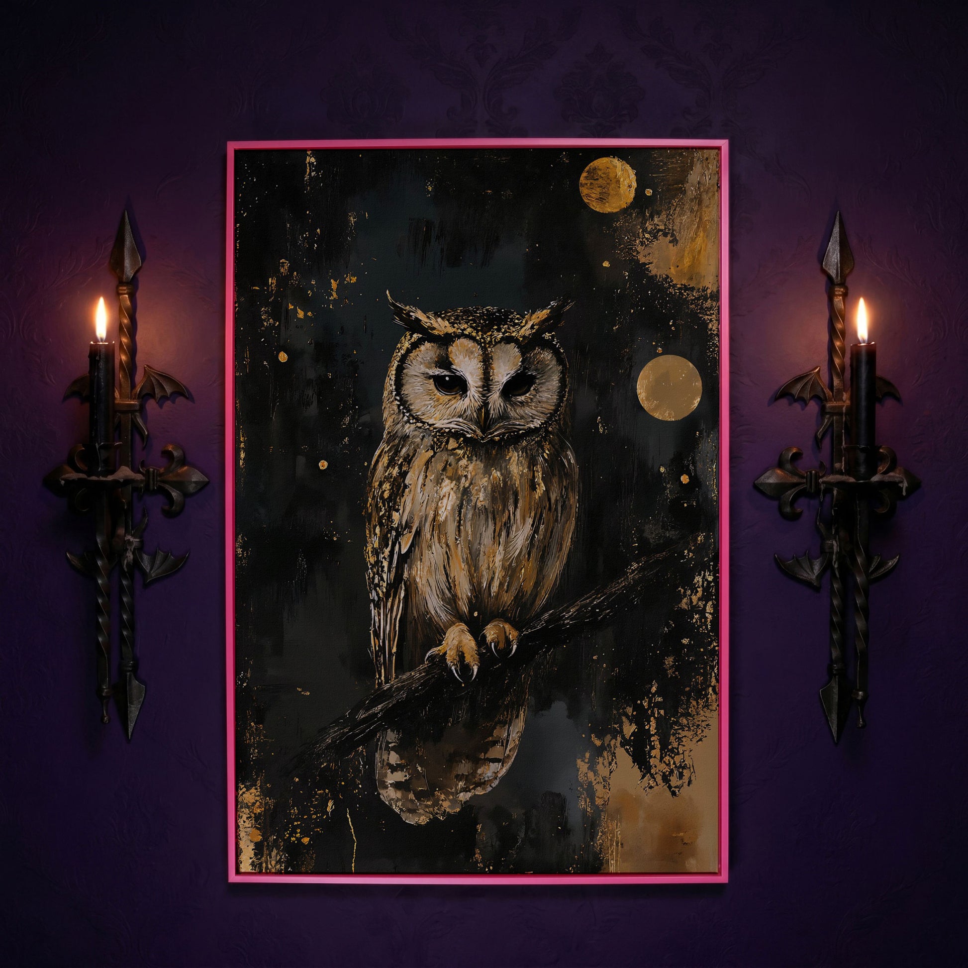Owl on Branch Canvas Print, Dark Moon Night Art in pink floating frame