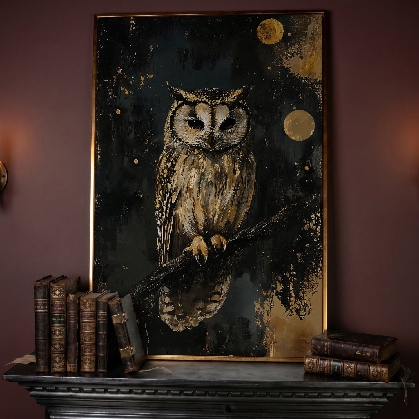 Owl on Branch Canvas Print, Dark Moon Night Art in rose gold floating frame