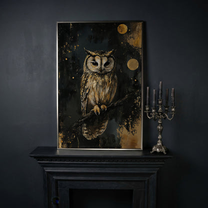 Owl on Branch Canvas Print, Dark Moon Night Art in silver floating frame